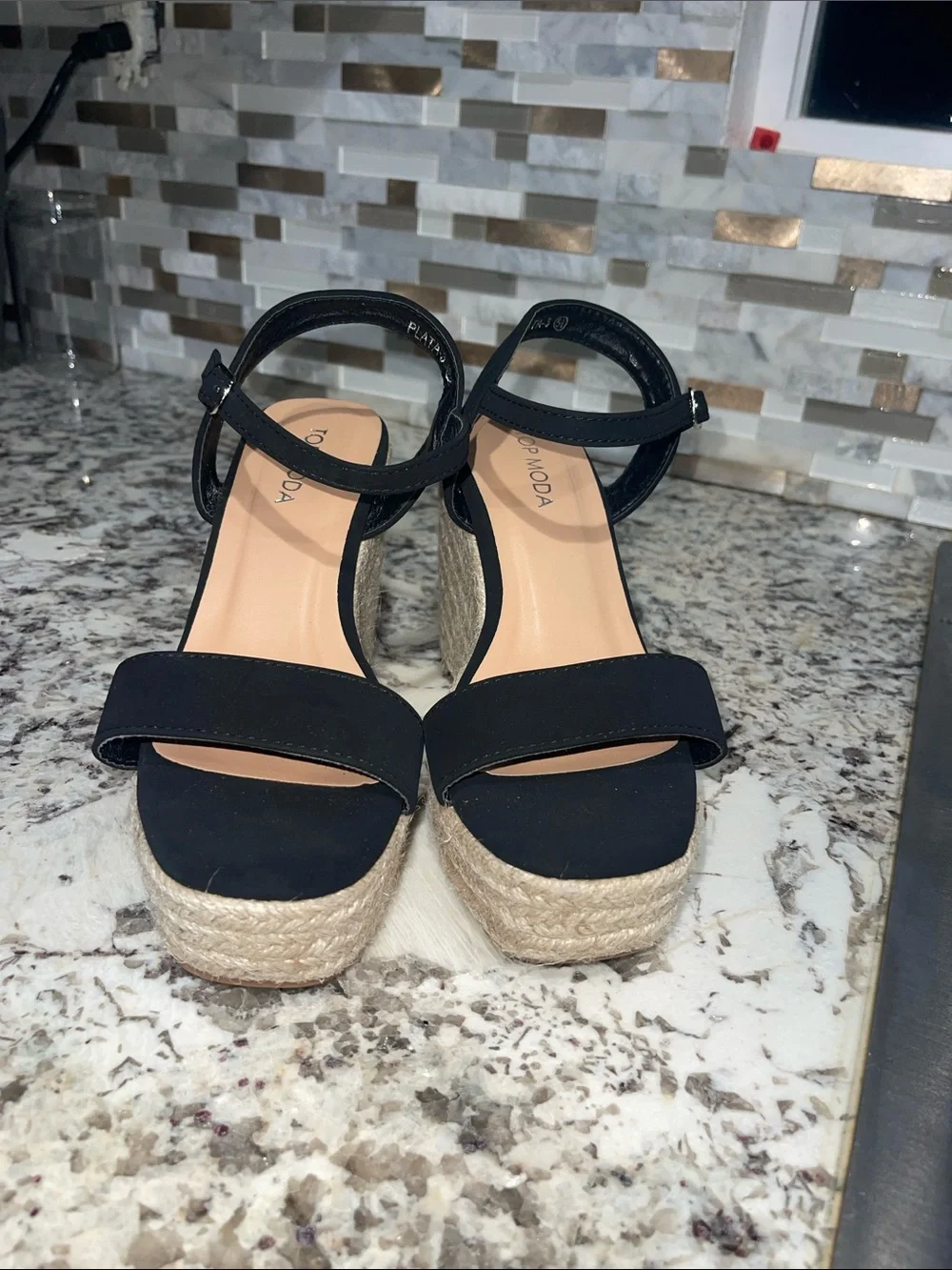 TOP Moda Black Espadrille Wedge Sandals with Ankle Strap